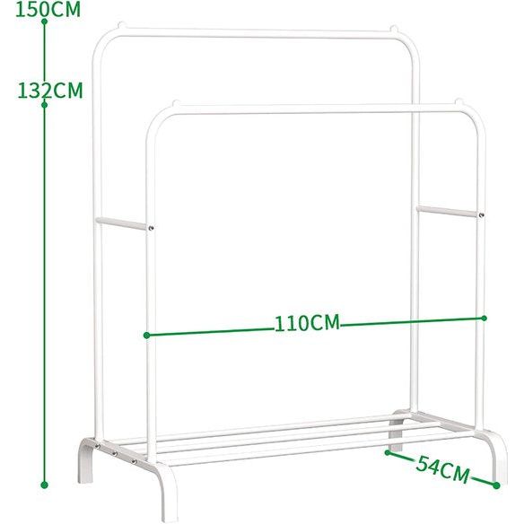 ACCSTORE Kledingrek metalen kledingrek vrijstaande hanger dubbelpolige slaapkamer kledingrek met onderste opbergplank voor dozen schoenen,wit