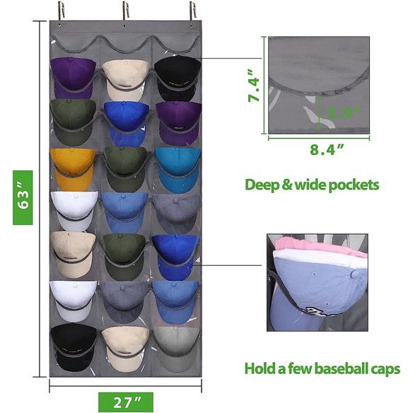 Baseball pethouder organizer hangt achter de deur, pethouder met transparante diepe vakken, hoedenhanger met 24 vakken, hoedenopbergtas met metalen haken (donkergrijs)
