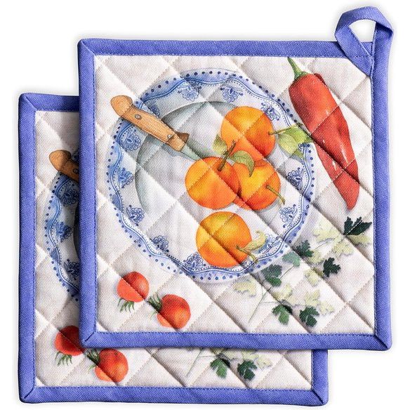 Hotpads 100% katoen pannenlappen met strik hittebestendig (20 cm x 20 cm) set met 2 pannenlappen voor moederdagcadeau, grillen, omgaan met hete pannen, gourmand-voorjaar/zomer