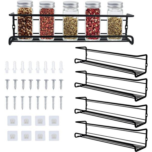 4 stuks keukenrek organizer, kruidenrek, metaal, kruidenrek, zonder boren, zelfklevende keukenkast om op te hangen, Sticky Spice Organizer 29 x 6 x 6,5 cm, zwart