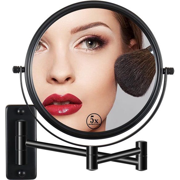 Cosmetic Mirror Wall Mount 1x/5x Magnification Diameter 8 Inch 360° Double-Sided Extendable Shaving Mirror Round Arm Makeup Mirror for Bathroom Black