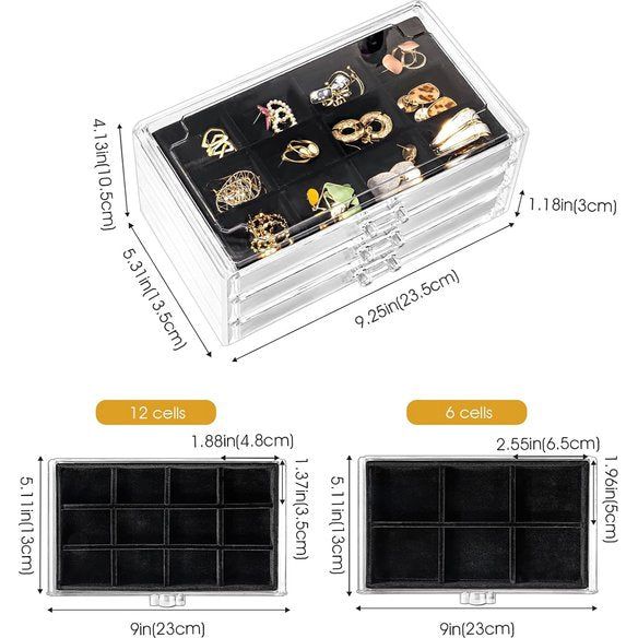 Acryl Sieraden Organizer Sieradendoos voor Dames Duidelijke Sieradenopslag Sieradendoos Sieradendoos met 3 Laden voor Oorbellen, Ringen, Armbanden - Zwart
