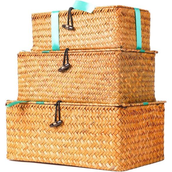 Opbergbox van zeegras, bastmand met deksel, opbergmanden plankmanden, rieten mand, wasmanden, make-up-organizer, keuken, woonkamer, bureau-opslag, natuurlijk materiaal, rotan mand