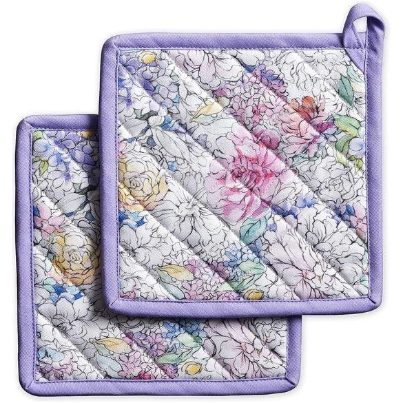 Pannenlappen, 100% katoen, set van 2 (20 cm x 20 cm) hotpads, hittebestendig, met strik-pannenhouder voor moederdagcadeau, bakken, grillen, thuis, Floral Love - lente/zomer