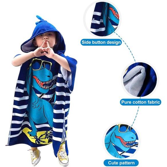 Badponcho met capuchon, kinderponchohanddoek, strandhanddoeken met capuchon voor baby's, cartoon absorberende strandhanddoek voor kinderen, kinderbadhanddoek met capuchon voor strandzwemdouche (blauwe dinosaurus)