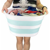Wasmand van kunststof, inklapbaar, 23 l, ovale kuip/mand, opvouwbare opbergcontainer/organizer, draagbare wasmand, ruimtebesparende wasmand (1, wit/zeegroen)