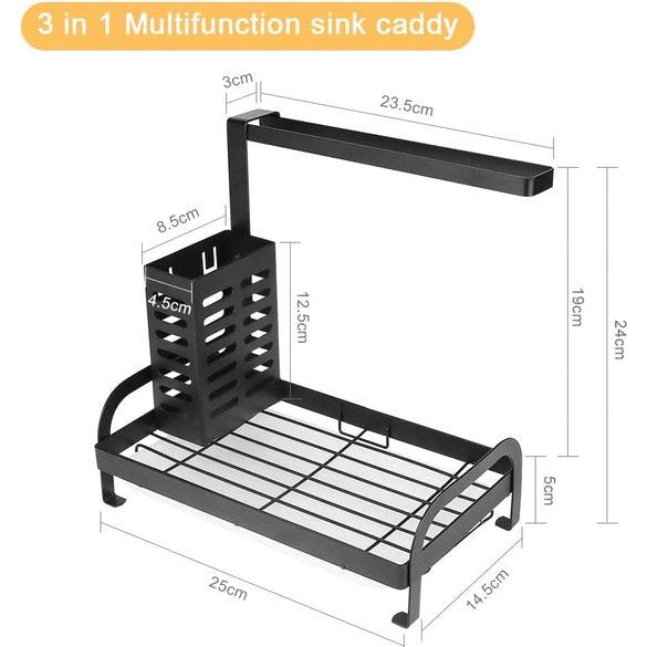 Gootsteensponshouder Keuken 3 in 1 Gootsteenorganizer Theedoekopslag Gootsteenopslag Keukenspons Stalen spoelbak met afdruiprek Zwart