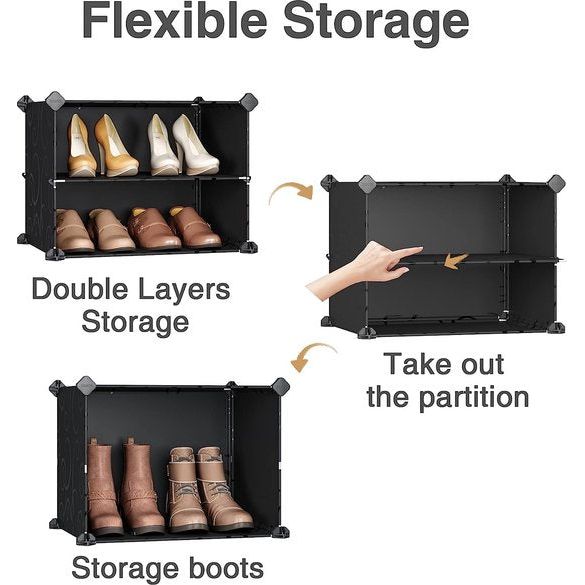 Draagbare schoenenrek organizer toren, zwart met transparante deuren, stofdichte schoenenkast, modulaire kastplanken voor ruimtebesparend schoenenrek rekken voor schoenen (2 x 6)