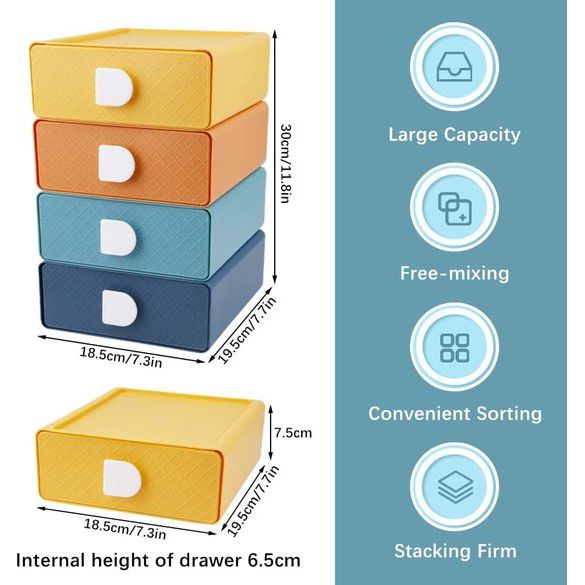 4 stapelbare ladeboxen, opbergdoos met laden, cosmetica-organizer, ladebox, make-up-organizer, bureau-opbergbox voor bureaus, make-uptafels, kantoren, badkamers.