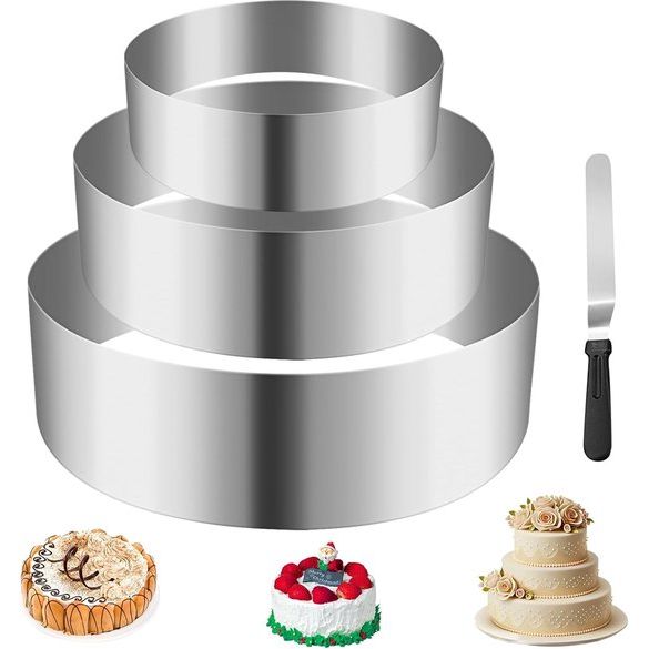 Set van 3 roestvrijstalen taartringen met 1 x 31,8 cm spatel voor moussetaart, tiramisu, taartbodems, chocolade- en fruittaart (3 maten)