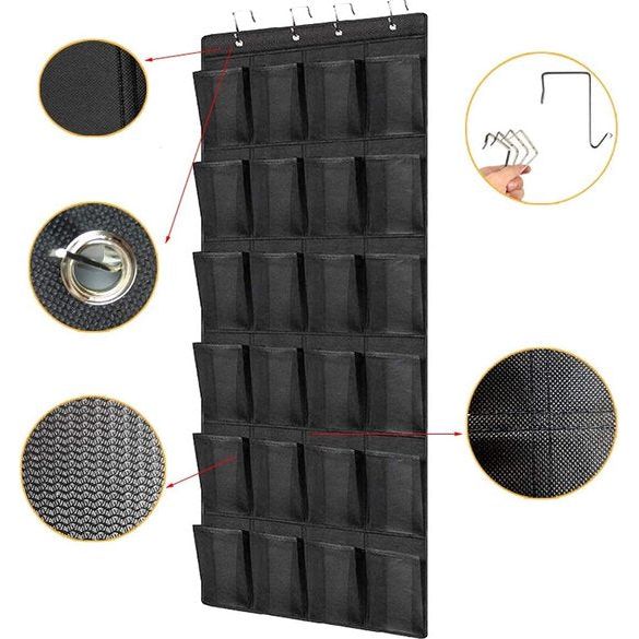 Hangschoenenrek, 24 vakken, hangende opbergruimte, wandtapijt, kledingkast, zwart, grote mesh-vakken, multifunctionele hangorganizer, hangende opbergtas (zwart)