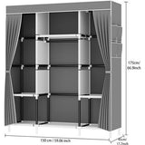 Open kledingkast, stoffen kast met ritssluiting, kledingkast met 3 kledingstangen, 3 vakken en 4 zijvakken, vouwkast, 175 x 150 x 45 cm, voor kleedkamer, slaapkamer, grijs
