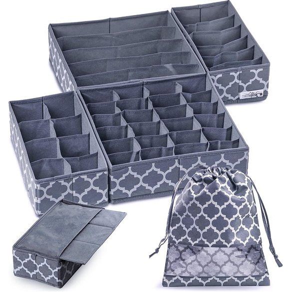 Opbergdozen voor laden, opbergsysteem, ondergoed organizer, kledingkast set - 4 x stoffen vouwdozen + 1 x schoentas, stoffen dozen voor beha's, onderbroeken, sokken, stropdassen, enz. grijs