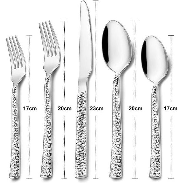Bestekset voor 12 personen, 60-delige roestvrijstalen bestekset, gehamerde bestekset met mes, vork, lepel, hoogwaardig roestvrijstalen bestek, hoogglans gepolijst en vaatwasmachinebestendig