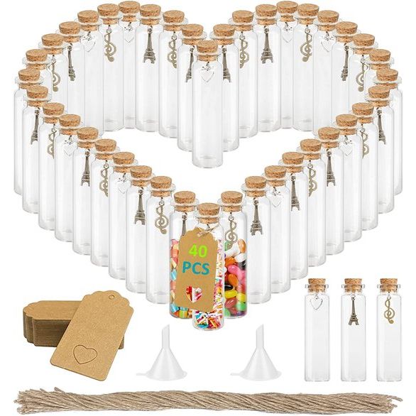 Glazen reageerbuisjes met kurk, 20 ml mini-glazen flessen, kleine reageerbuisjes met hanger, etiketten, trechter, henneptouw, gastgeschenk, bruiloft, feestdecoratie