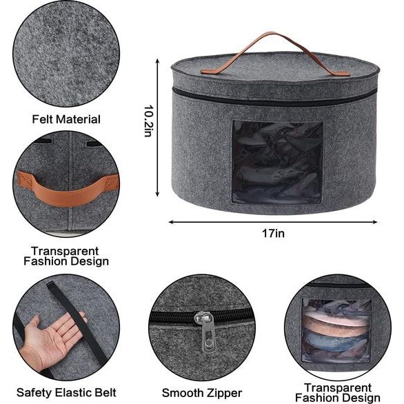 Hoedopbergdoos met deksel, 43 cm diameter, pop-up hoedboxen voor het opbergen van grote ronde opvouwbare stabiele reishoed-organizer-box, opbergtas met ritssluiting