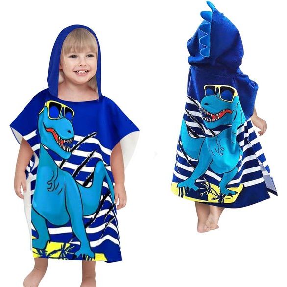 Badponcho met capuchon, kinderponchohanddoek, strandhanddoeken met capuchon voor baby's, cartoon absorberende strandhanddoek voor kinderen, kinderbadhanddoek met capuchon voor strandzwemdouche (blauwe dinosaurus)