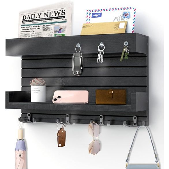 Sleutelrek met plank, wandsleutelhouder met 4 dubbele sleutelhaken, houten rek, sleutelorganisatie, postorganisatie, rustieke wooncultuur voor de entree