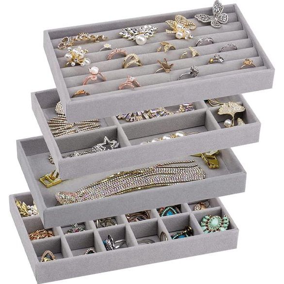 4 stuks sieradentrays, sieradenorganizer, lade, sieradenkistjes, stapelbaar, voor sieraden, oorbellen, armbanden, ringen (grijs)
