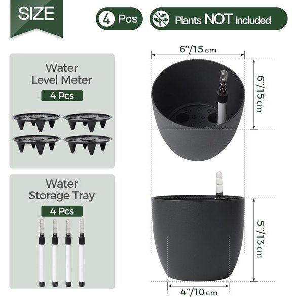 Zelfwater gevende plantenpot met waterindicator, set van 4, met wateropslag, voor gebruik binnen en buiten, 15 cm, zwart