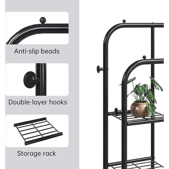 Kledingrek, multifunctionele kapstok van metaal met 3 lagen zijplanken, 1 laag vloerplanken en 4 haken, geschikt voor slaapkamer en woonkamer