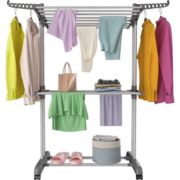 Droogrek met wieltjes, multifunctioneel, 3 etages, inklapbaar, klein wasrek, ruimtebesparend, met vleugels, voor binnen en buiten (grijs)