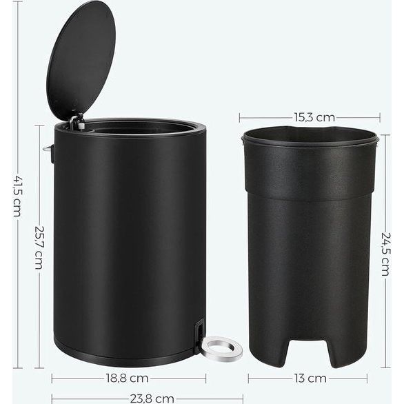 Cosmetica-emmer, 3 liter, vuilnisemmer badkamer, kleine afvalemmer met deksel, softclose, uitneembare binnenemmer van kunststof, voor badkamer, kantoor, staal, inktzwart