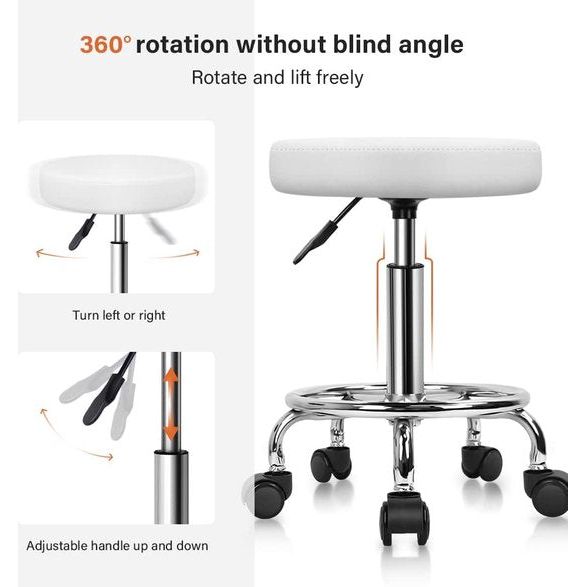 Rolkruk, in hoogte verstelbaar, draaibaar, barkruk, werkkruk van kunstleer, bureaukruk, wit