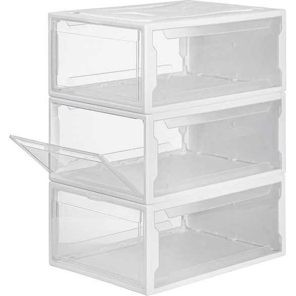 Schoenendoos, set van 3, stapelbare schoenenorganizer, plastic doos met transparante deur, herbruikbare schoenenopberger, 37 x 26 x 16 cm, voor schoenen tot maat 48, wit