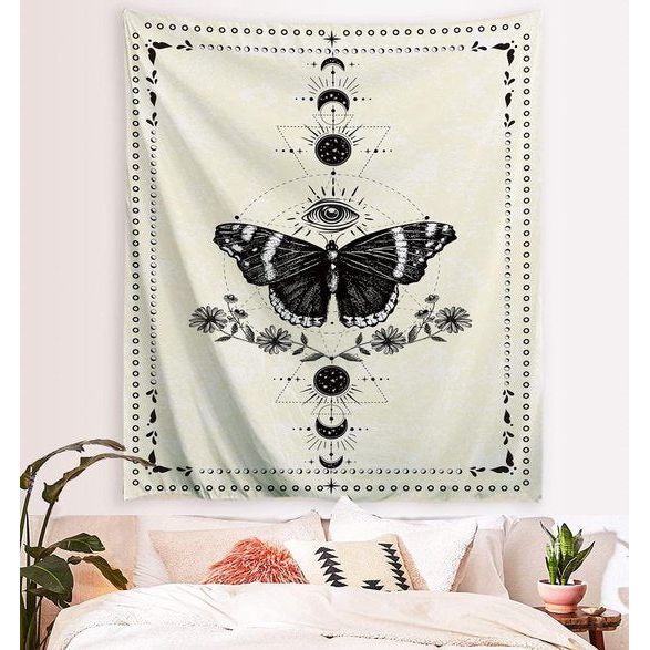 Vlinder wandtapijt, zwart en wit, wandtapijt, maanfase, trippy, psychedelische buttefly, wanddoek, muurkunst, decoratie voor slaapkamer en woonkamer, 130 x 150 cm