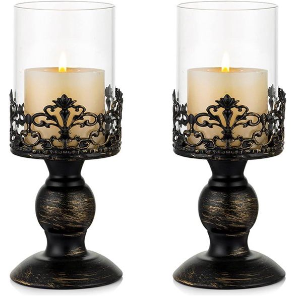 Kandelaar set vintage Distressed Black Hurricane kandelaar 2 stuks, kandelaar voor stompkaars, kaarsenhouder, bruiloftsfeest, woondecoratie, open haard, mantel, decoratie, 27 cm