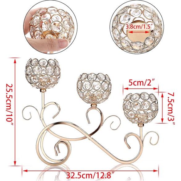 Gouden S-vormige kristallen kandelaar 3-armige kristallen schalen gemaakt van glas Metalen kandelaar Theelicht Decoratieve kandelaar Kaarsenhouder voor Kerstmis Halloween Bruiloft (groot)