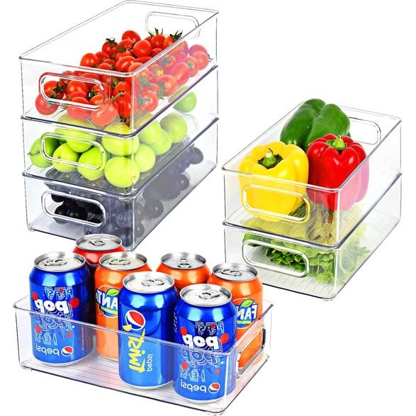 Koelkastorganizer, set van 6, doorzichtig, stapelbare opbergdoos met handvat, Tidy Fridge organizerset, koelkastboxset voor keuken, keukenkast, kasten, BPA-vrij, medium