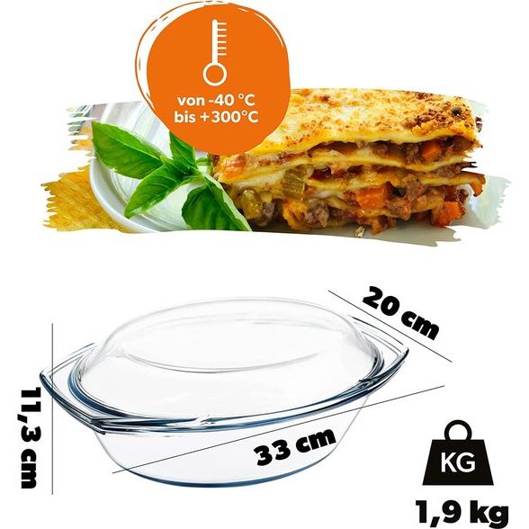 KADAX Ovenschotel van hittebestendig glas, vuurvast potje, glazen braadpan met deksel en handgrepen, servies voor het braden, oven, elektrische fornuis, voor lasagne, vlees, transparant (ovaal, 2,9 liter)