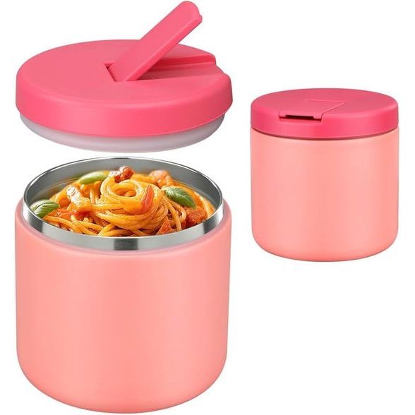 Lunch thermosbeker met gespafdekking, brede soeplesolatie, geschikt voor warm eten en kinderen, lekvrije lunchcontainer van roestvrij staal, 500 ml, roze