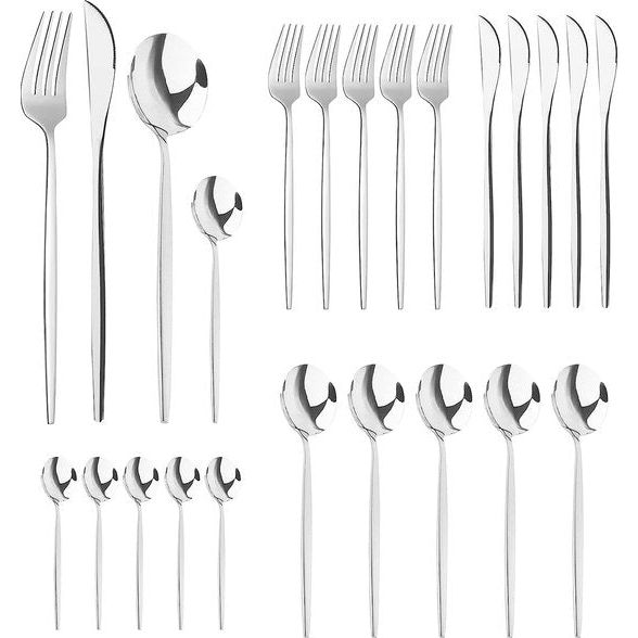 24 stuks roestvrijstalen bestekset voor 6 personen, Cutlery, spiegelgepolijst, vaatwasmachinebestendig, met bestek, messen en vorken, lepelset voor familie, party, hotel, restaurant, zilver