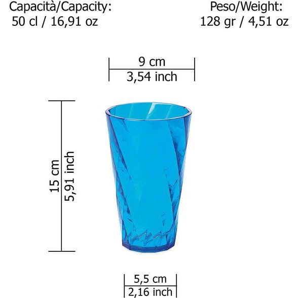 Set waterglazen, Set van 4 gekleurde plastic glazen van transparant acryl (Bpa-vrij), Inhoud 50 cl, Made in Italy, Diamond-effectafwerking, Diamond-lijn, Turkoois