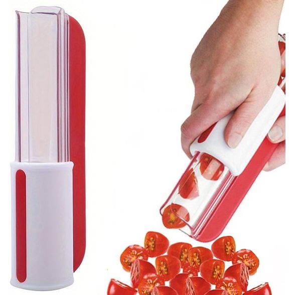 Fruitsnijder - Tomaat/Druif/Kersensnijder, Fruitkeukendecoratie Keukenhulp, Groentesnijder, Keukengereedschap, 20 x 7,5 x 7 cm (Rood)