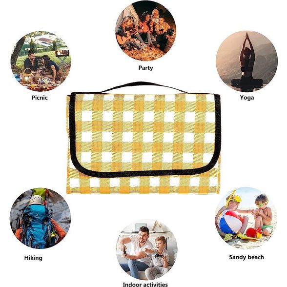 Picknickdeken 200cm x 200cm waterdichte stranddeken picknickmat wasbaar lichtgewicht met handvat geel geruit voor wandelen reizen camping parken