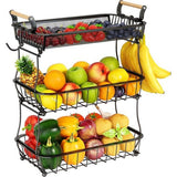 3-laags fruitmand met 2 bananenhangers voor keukenaanrecht, groenteaanrecht, opberghouder, grote capaciteit, metaaldraad, fruitstandaard, organisator, uiensnack, zwart