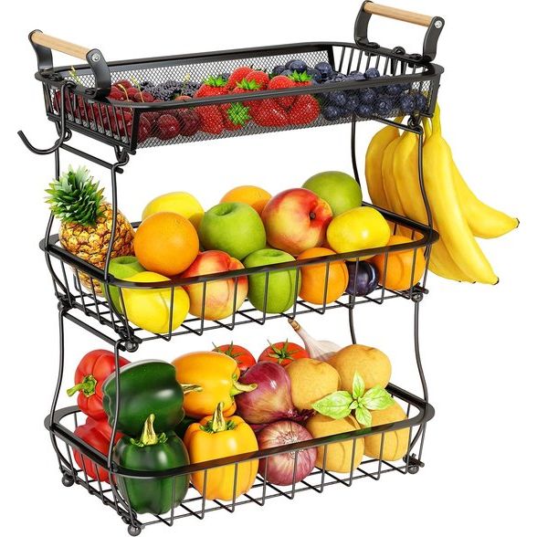 3-laags fruitmand met 2 bananenhangers voor keukenaanrecht, groenteaanrecht, opberghouder, grote capaciteit, metaaldraad, fruitstandaard, organisator, uiensnack, zwart