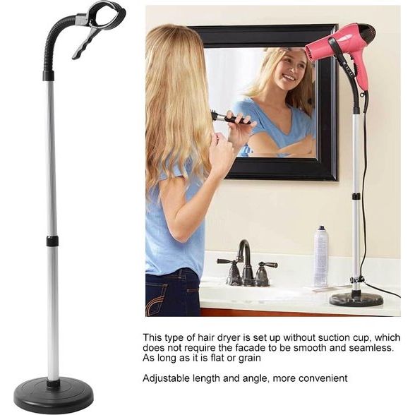 Föhnhouder, 360 graden instelbaar, roestvrij staal, handvrij, afneembare zuignap, standaard met klemhouder, 40 x 19 x 6 cm