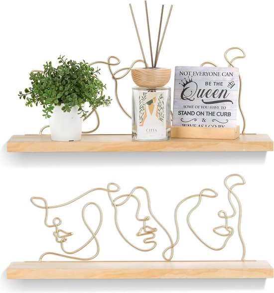 Wandrek, hout, metaal, zwevende plank, wanddecoratie, goud, set van 2, wandplanken, moderne wandplanken, decoratie, woonkamer, 40 cm, abstract, esthetische kunst