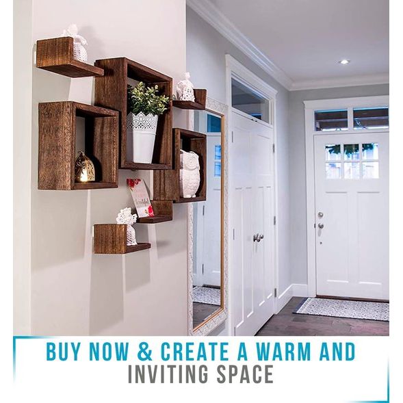 Comfify Rustieke Wand Gemonteerde Vierkante Drijvende Planken Set van 7 3 Vierkante Planken en 4 Rechthoekige Rustieke Planken Schroeven en Ankers Inbegrepen Rustieke Wand Décor Rustieke Wand Décor Bruin