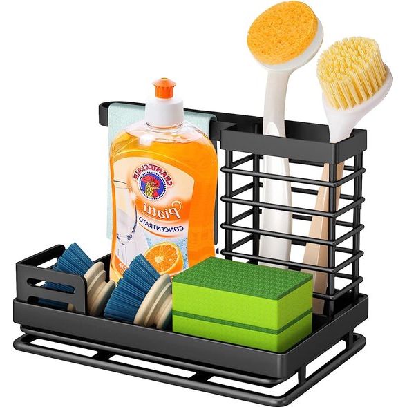 Spoelbakorganizer, roestvrij staal, met kunststof afvoerpan, gootsteenorganizer voor keuken en badkamer, spons, borstels, zeepdispenser, zwart