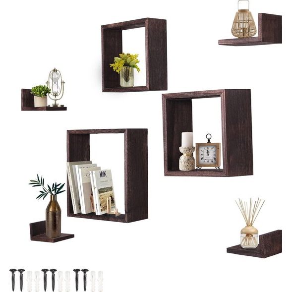 Rustieke zwevende planken voor wandmontage - rechthoeken - set van 7 - 3 rechthoekige planken en 4 L-vormige rustieke planken - inclusief schroeven en pluggen - rustieke wanddecoratie - bruin
