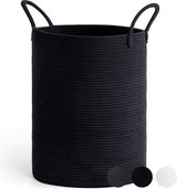 Wasmand, gevlochten, grote wasmand, opbergmand met handvat, kinderkamer, touw, katoenen mand, handdoekmand voor badkamer, woonkamer, mand voor dekens babyspeelgoed, 38 x 50 cm, zwart