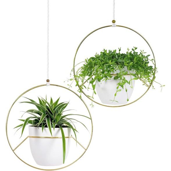 Hangende bloempot van metaal, 2 stuks, gouden hangbloempotten, eenvoudig op te hangen, hangpot voor planten, binnen, hangende bloempot