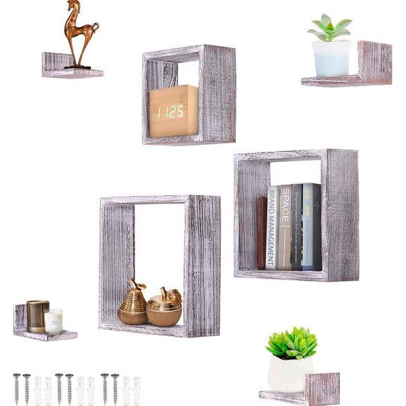 Comfify Rustieke Wand Gemonteerde Vierkante Drijvende Planken Set van 7 - 3 Vierkante Planken en 4 Rechthoekige Rustieke Planken Schroeven en Ankers Inbegrepen Rustieke Wand Décor Rustiek Wit