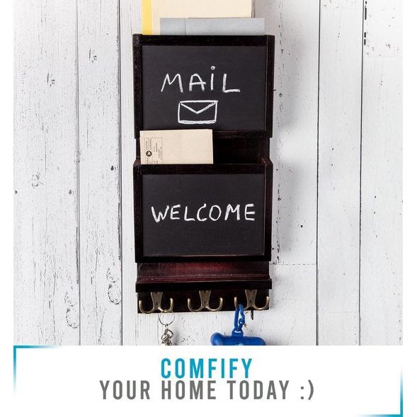 Rustieke postsorteerder met 2 vakken voor aan de muur met krijtbord & 3 dubbele sleutelhaken - houten wandhouder - wanddecoratie voor de entree van Paulownia hout - donkerbruin